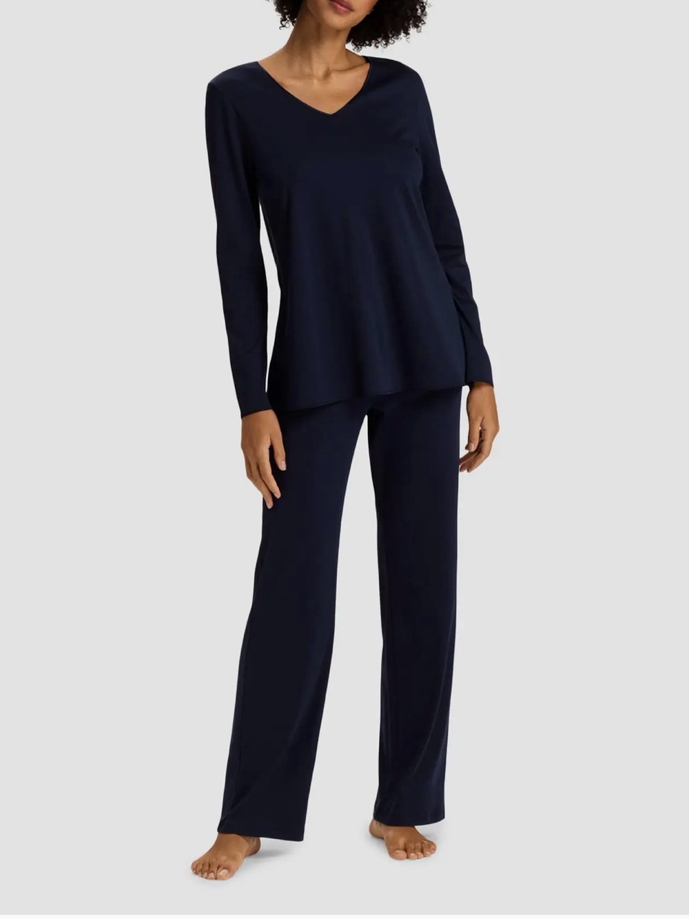 Hanro cotton silk V-Neck Long Sleeve Pajama Set in deep navy XL